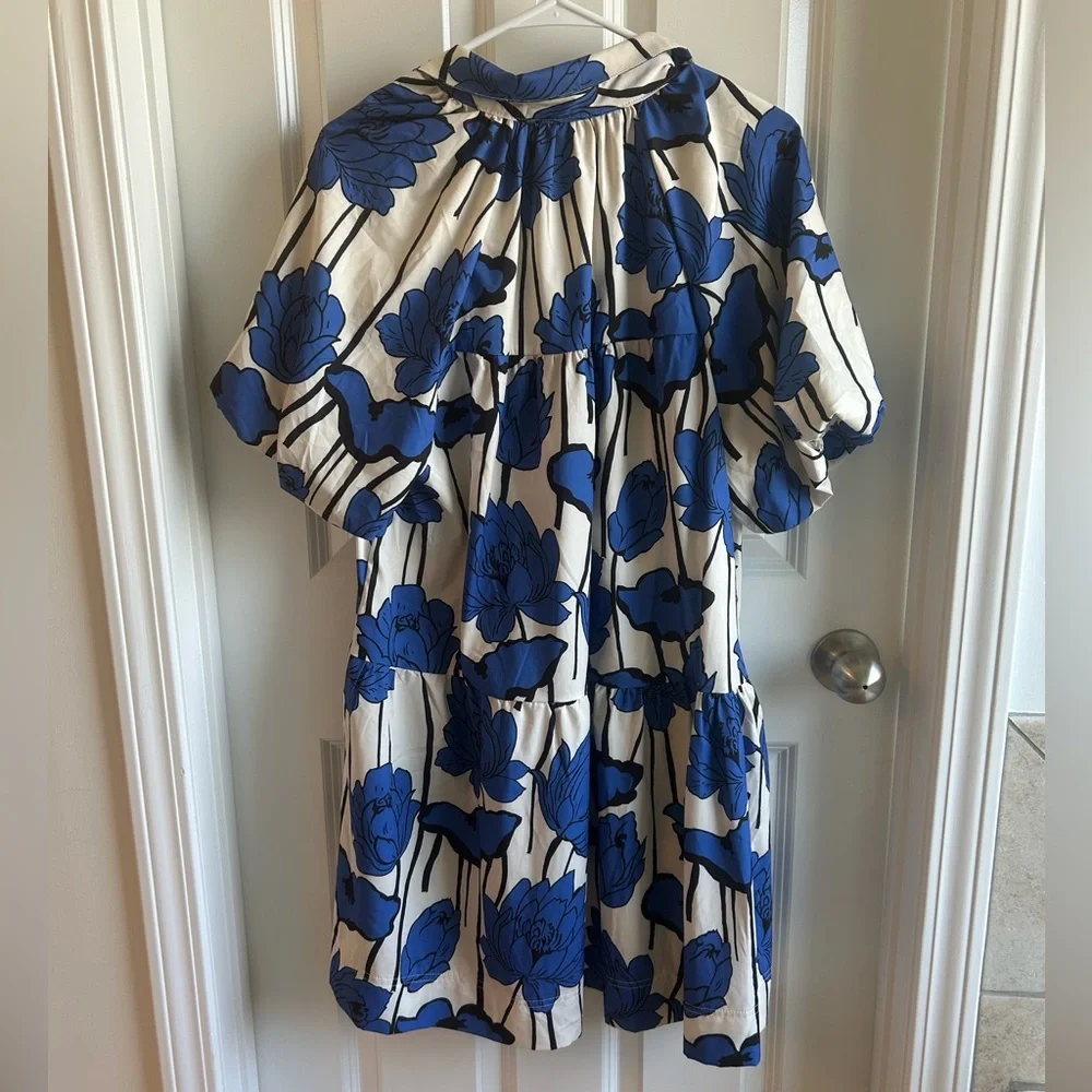 SUMMER SALE Blue Floral Button-Front Shirt Dress - Large - Picture 3 of 3